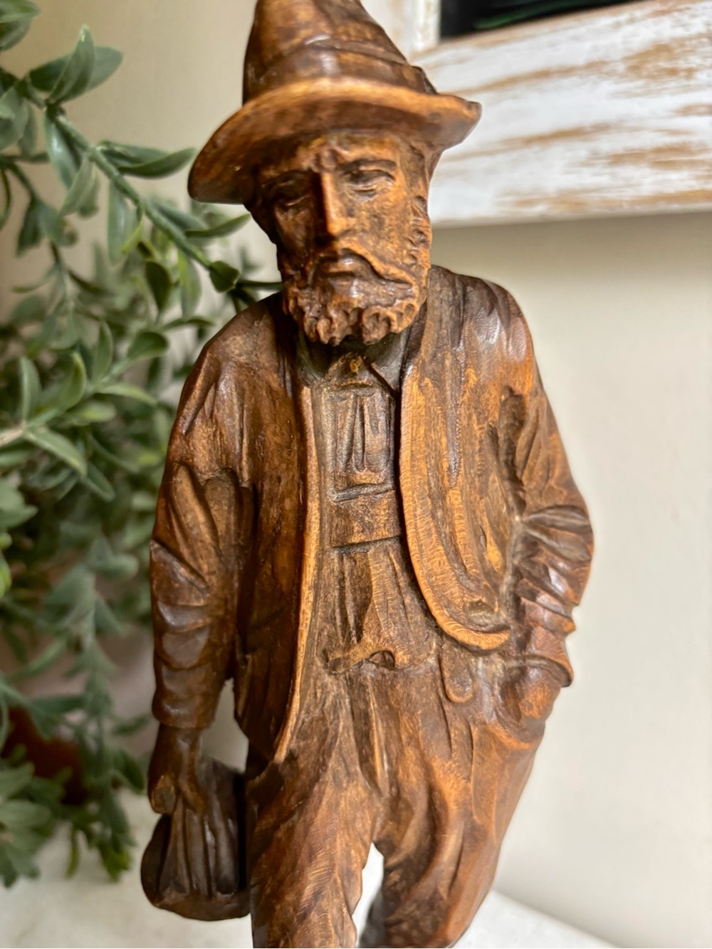 VTG Signed Oberammergau Hand Carved Wood Alpine Hiker Traveler 10” Figurine